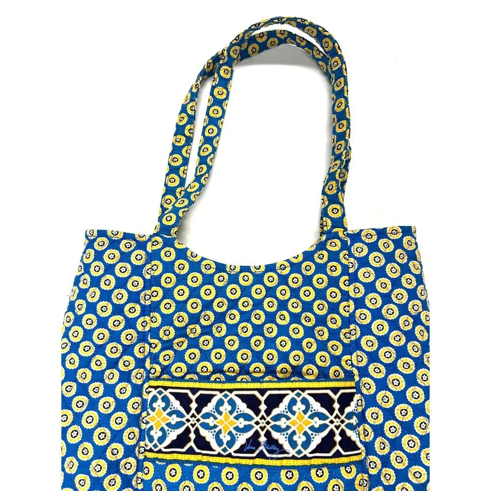 VERA BRADLEY Tote Bag Riviera Blue‎ Yellow Flower Pockets Quilted Snap Closure